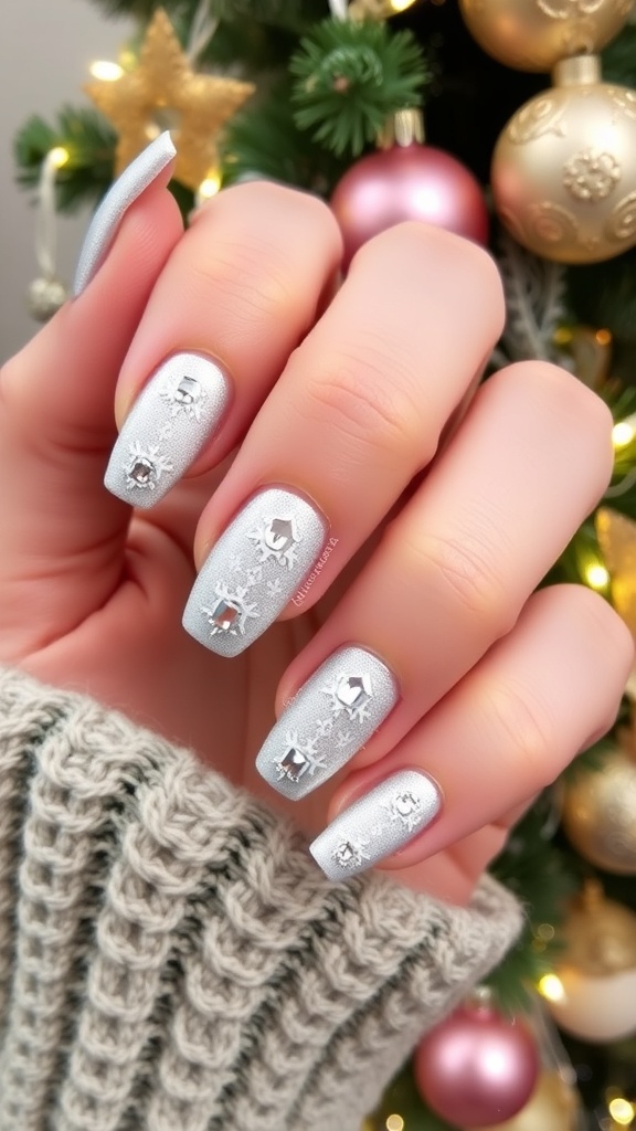 Festive Silver Christmas Nail Art Elegant silver Christmas nail art with snowflake designs and rhinestones on a festive background.